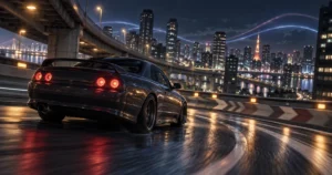 夜の都市高速を走るスポーツカーをリプレイ映像風に捉えたシーン