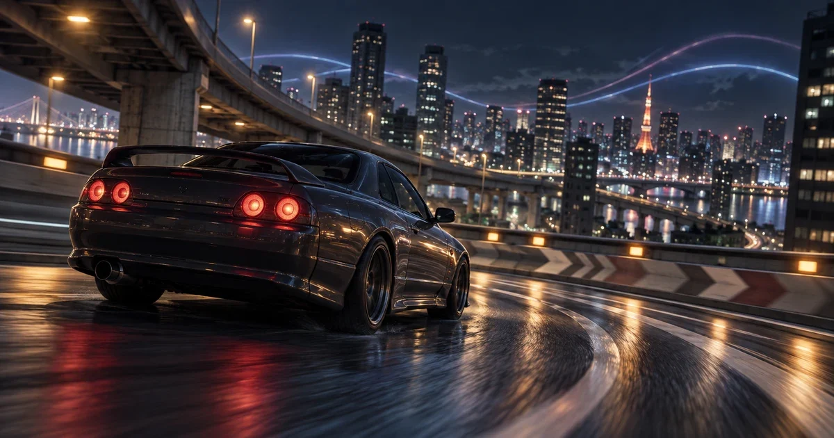 夜の都市高速を走るスポーツカーをリプレイ映像風に捉えたシーン