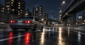 夜の都市高速を走る身近なクーペやセダンを印象的に捉えたシーン