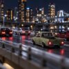 夜の首都高を再現したジオラマに並ぶ小さなカスタムカー。
