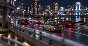 夜の首都高を再現したジオラマに並ぶ小さなカスタムカー。