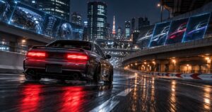 夜の都市高速を走る車と更新を象徴する光のライン。